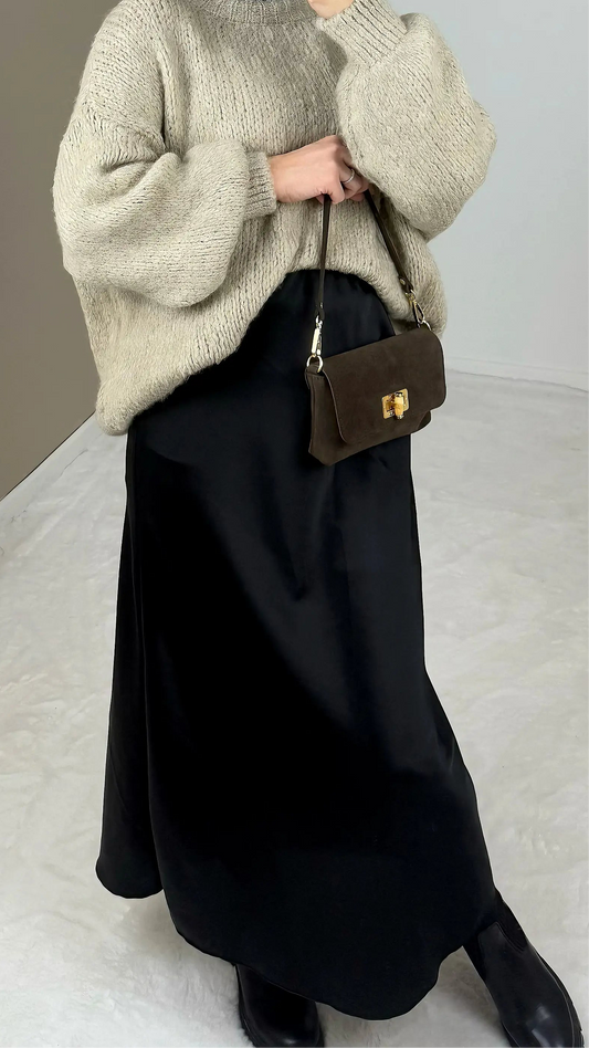 LONG BLACK SATIN SKIRT