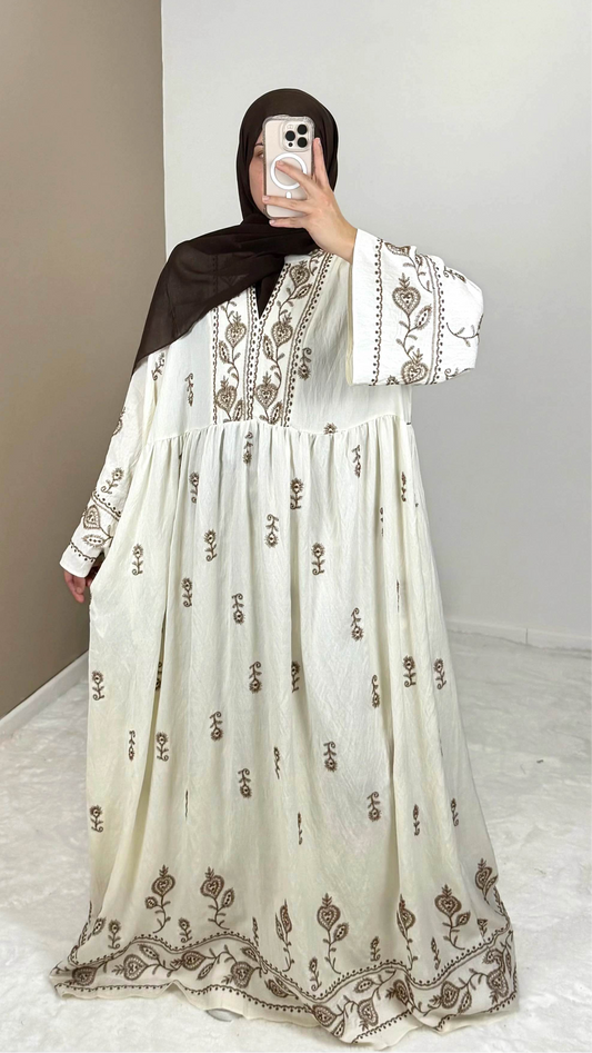 LONG BOHEMIAN DRESS WITH BROWN EMBROIDERY