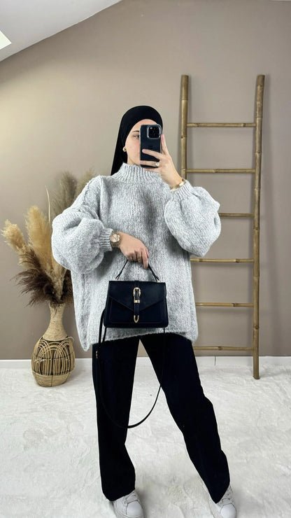 pull laine gris oversize